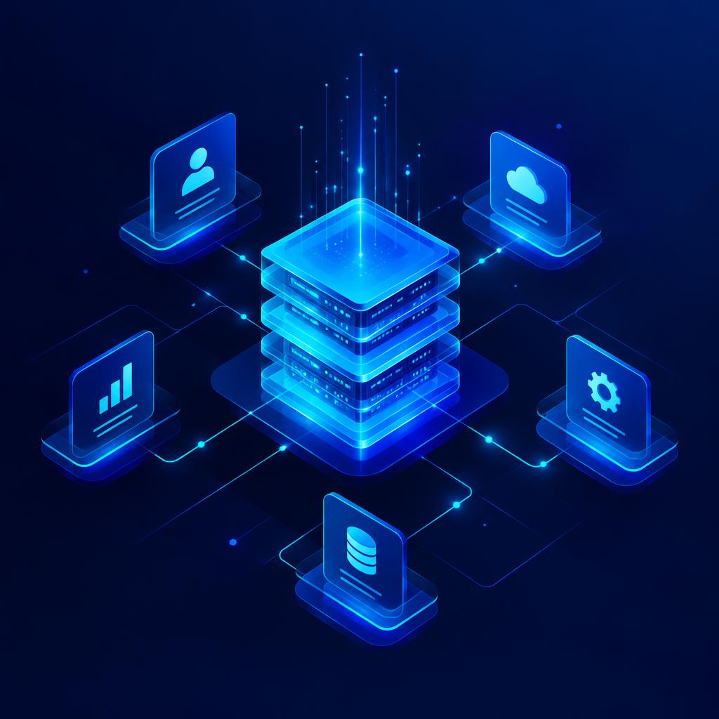 Isometric illustration of connected digital infrastructure
